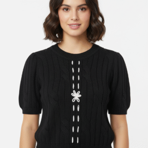PUFF SLEEVE SWEATER TOP WITH DECORATIVE STITCHING